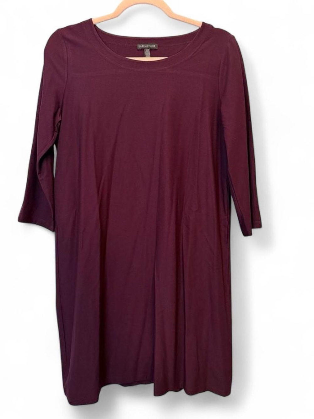 Eileen Fisher Plum Three-Quarter Sleeve Midi Shift Dress Fall Autumn Basic